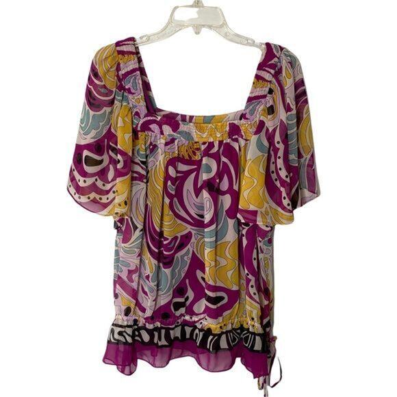 Nicole Miller Wms L Retro Colorful Print Blouse Flounce Hem W/ Cami Boho Peasant - Picture 10 of 10